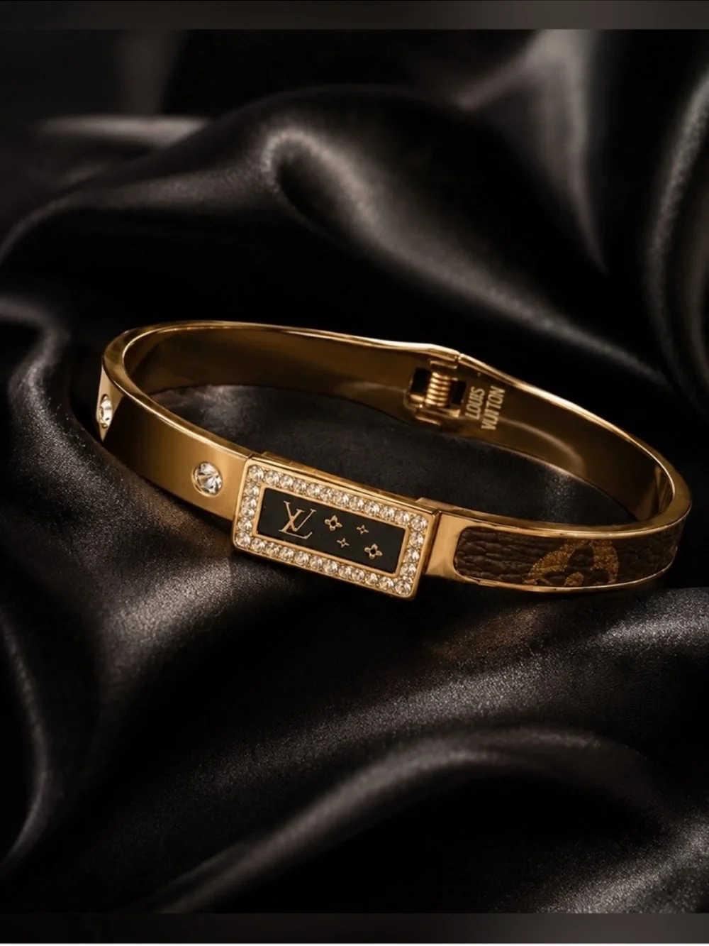 Gold and Brown Monogram Crystal-Trim Bangle Bracelet